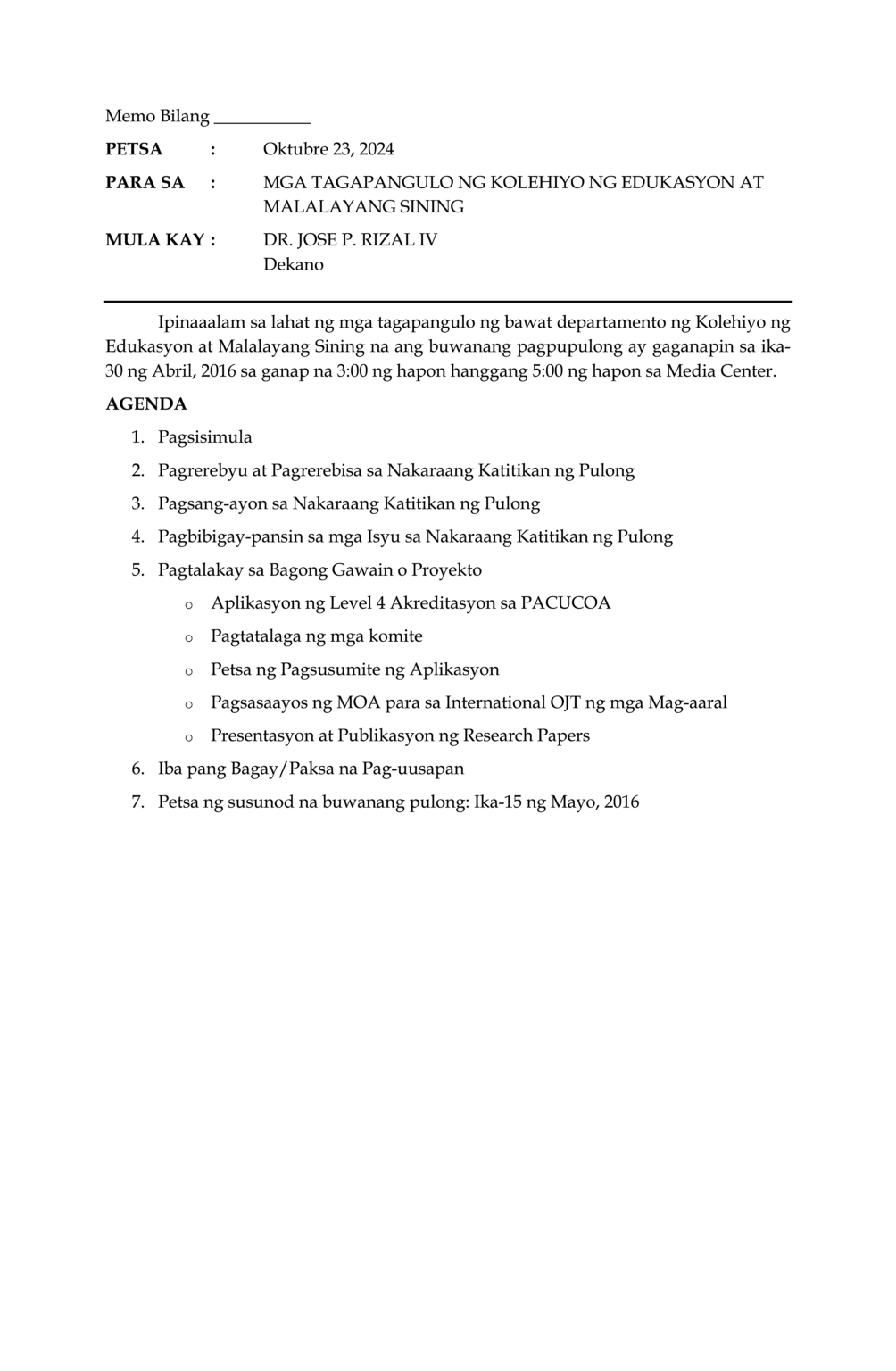 Pagsulat ng Agenda